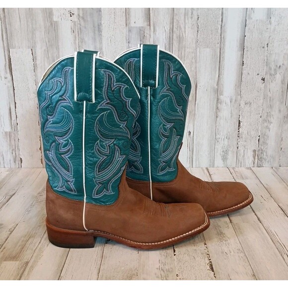 Vtg. Nocona Womens Size 8.5B Cowboy Boots Square Toe Teal/Brown Leather Western - Picture 2 of 16